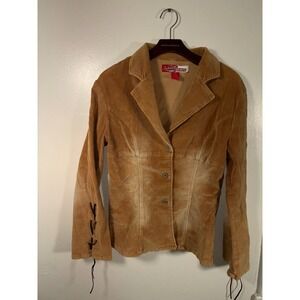 Lazer Jeans Corduroy Blazer Womens Sz M Tan Lace Up Sleeve Bratz McBling Jacket